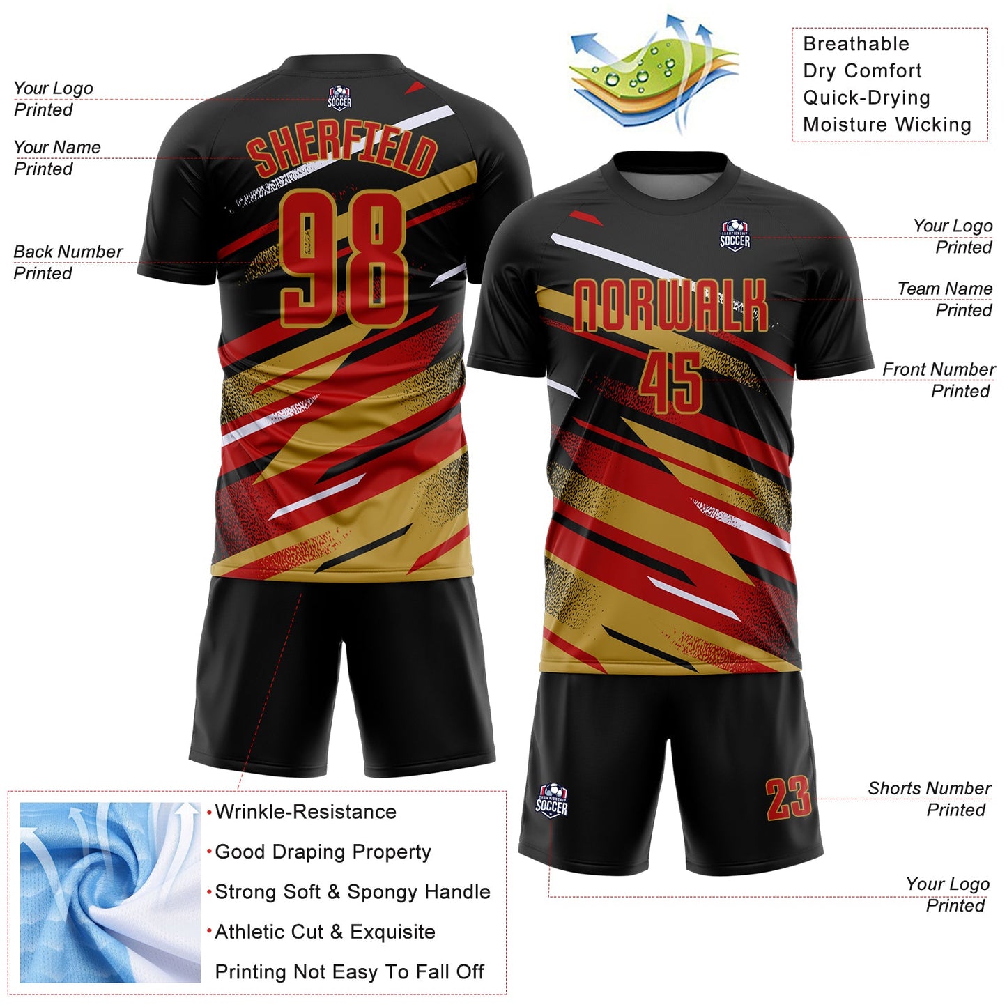 Custom Black Red Old Gold-White Grunge Stripe And Grainy Sports Sublimation Soccer Uniform Jersey view 4