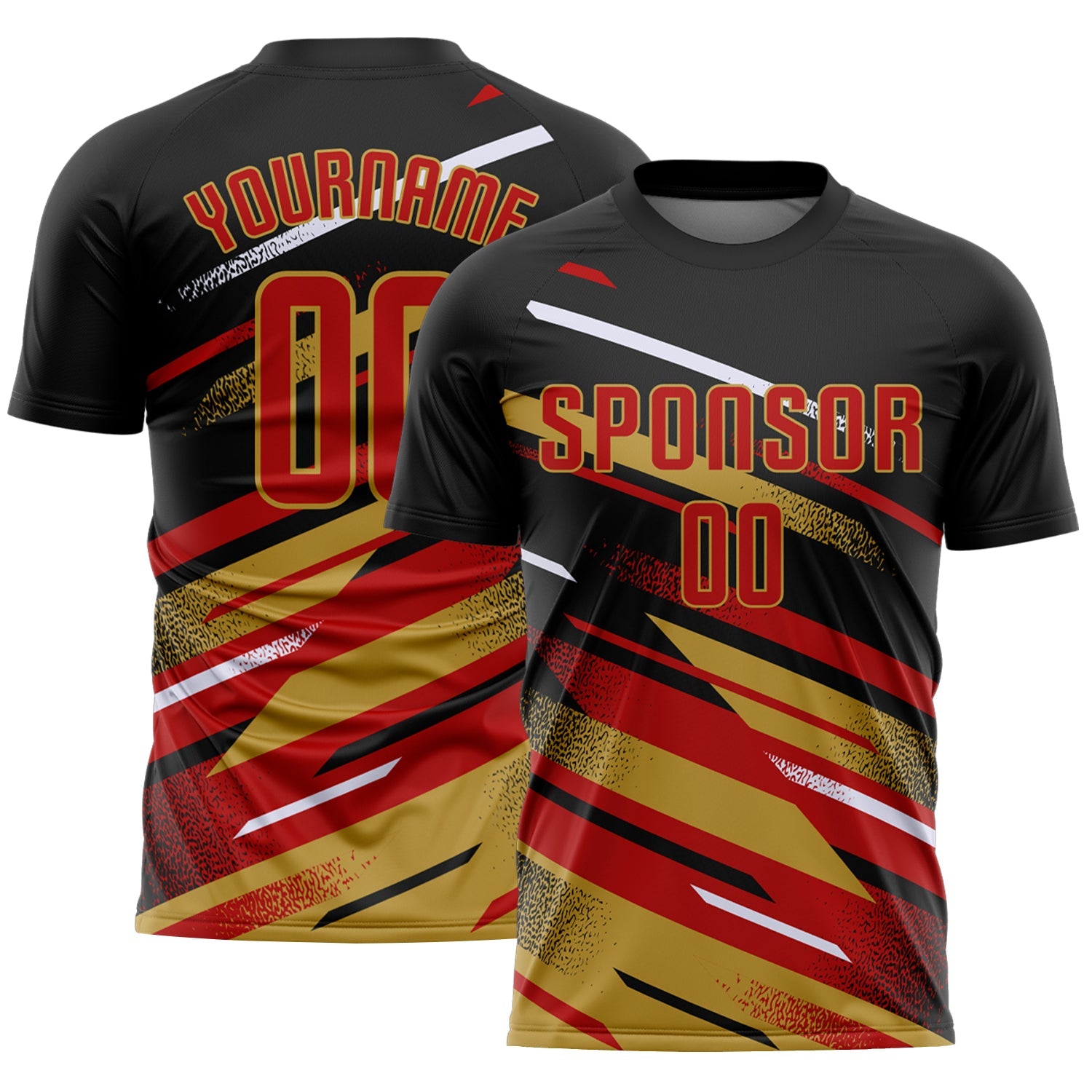 Custom Black Red Old Gold-White Grunge Stripe And Grainy Sports Sublimation Soccer Uniform Jersey - Main View