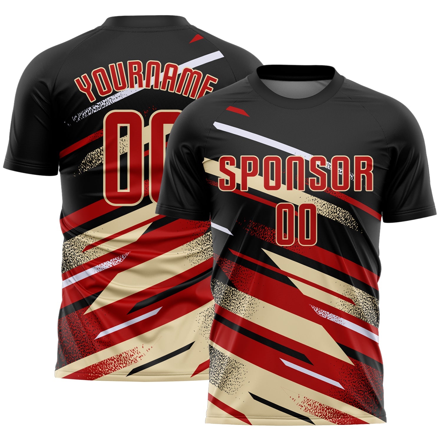 Custom Black Red Cream-White Grunge Stripe And Grainy Sports Sublimation Soccer Uniform Jersey - Main View