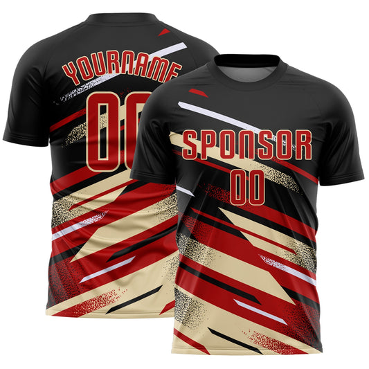 Custom Black Red Cream-White Grunge Stripe And Grainy Sports Sublimation Soccer Uniform Jersey - Main View