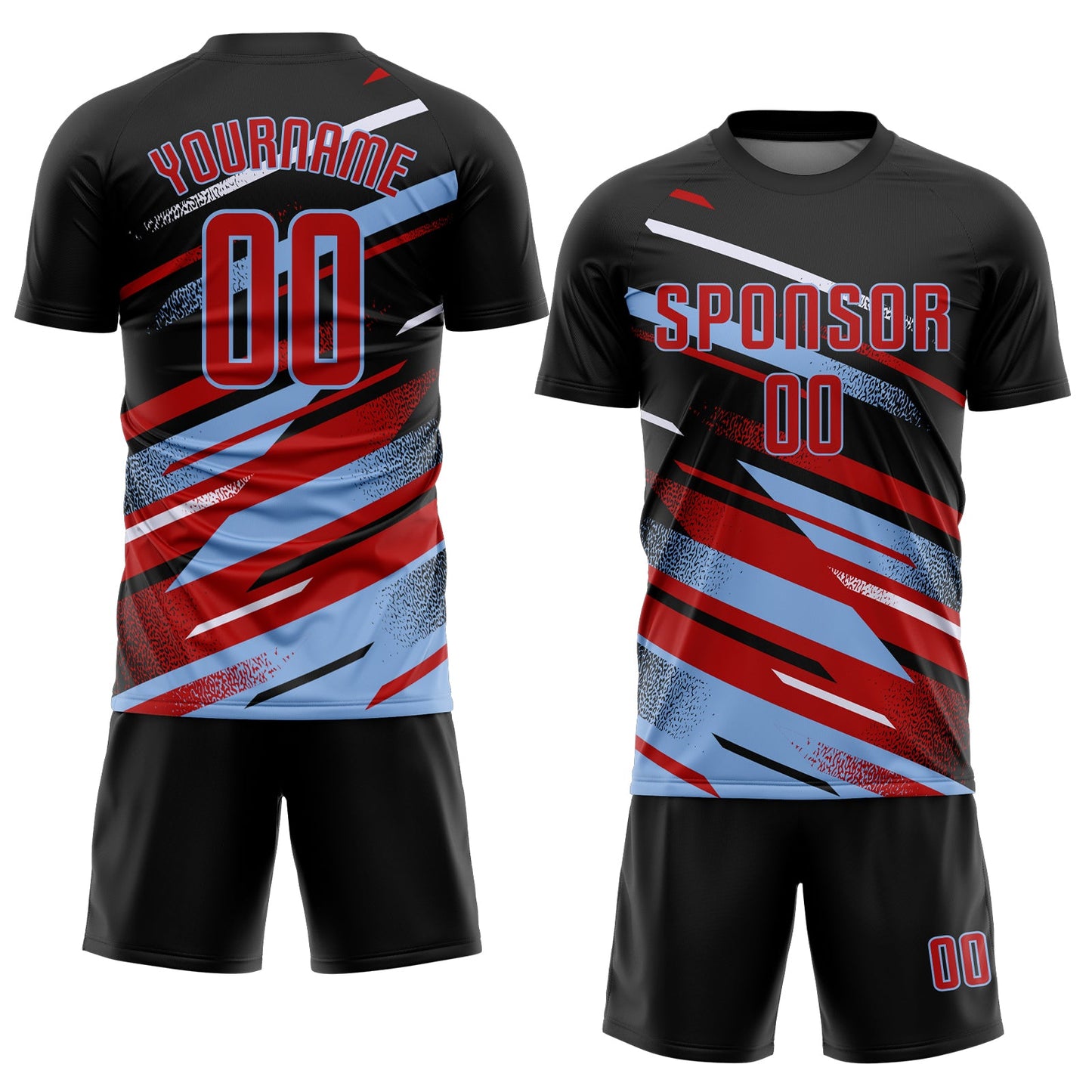 Custom Black Red Light Blue-White Grunge Stripe And Grainy Sports Sublimation Soccer Uniform Jersey view 2