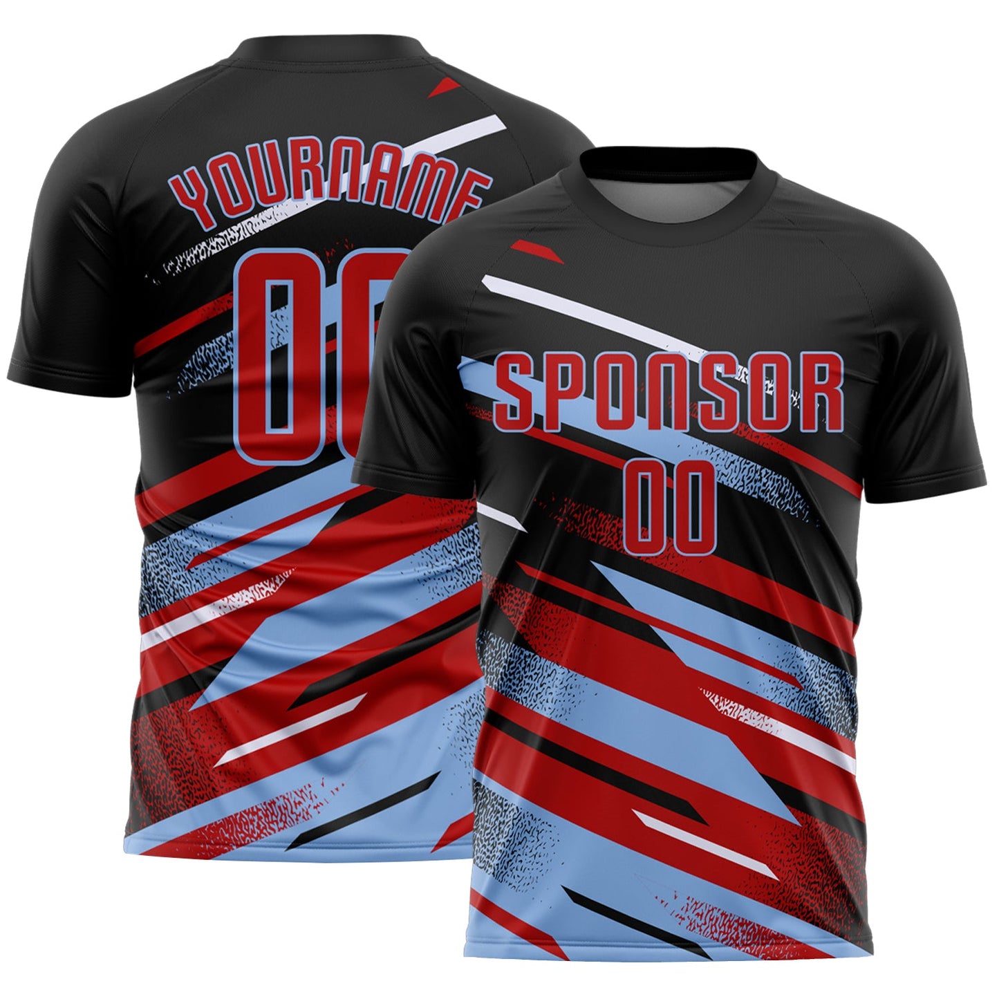 Custom Black Red Light Blue-White Grunge Stripe And Grainy Sports Sublimation Soccer Uniform Jersey - Main View