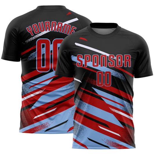 Custom Black Red Light Blue-White Grunge Stripe And Grainy Sports Sublimation Soccer Uniform Jersey - Main View