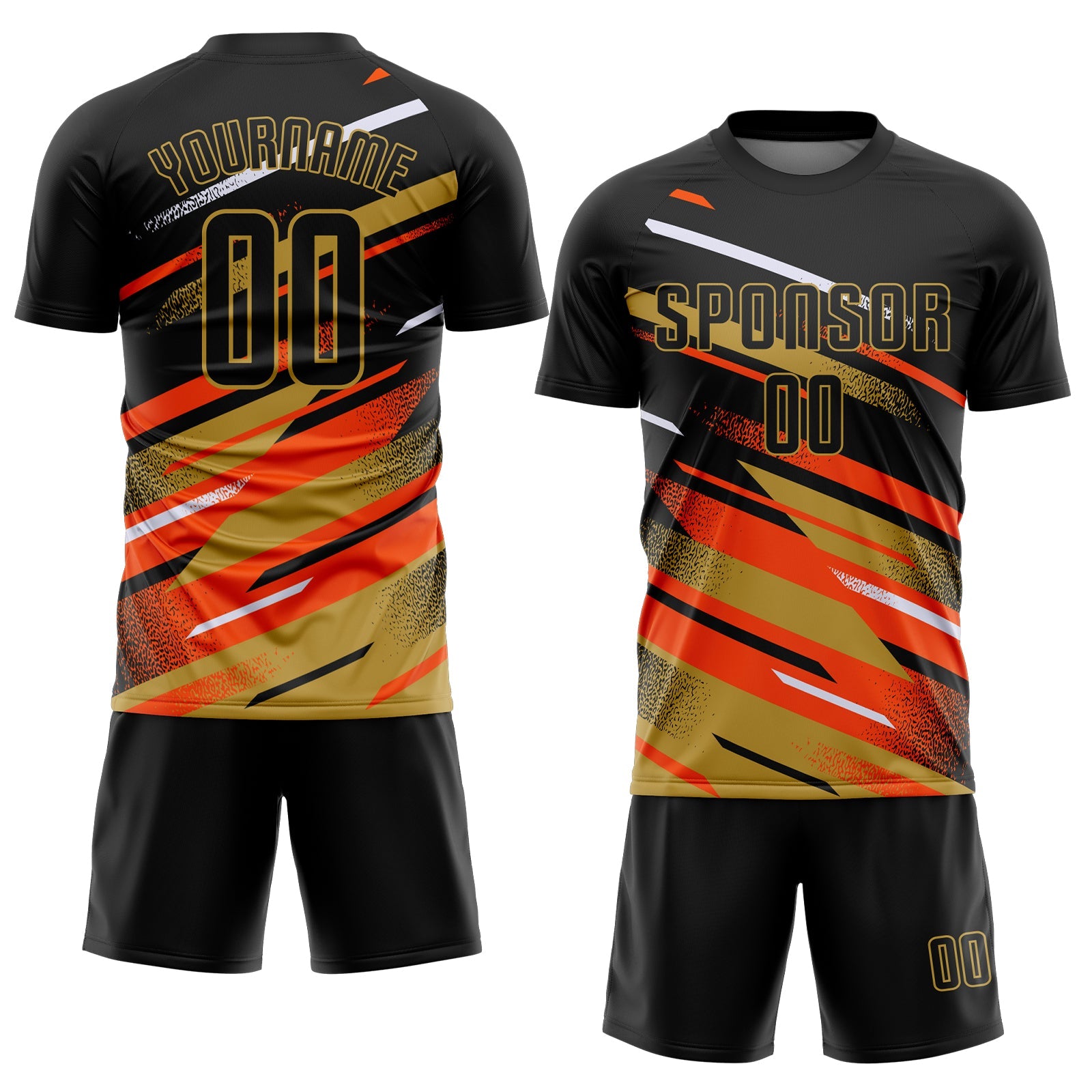 Custom Black Orange Old Gold-White Grunge Stripe And Grainy Sports Sublimation Soccer Uniform Jersey view 2