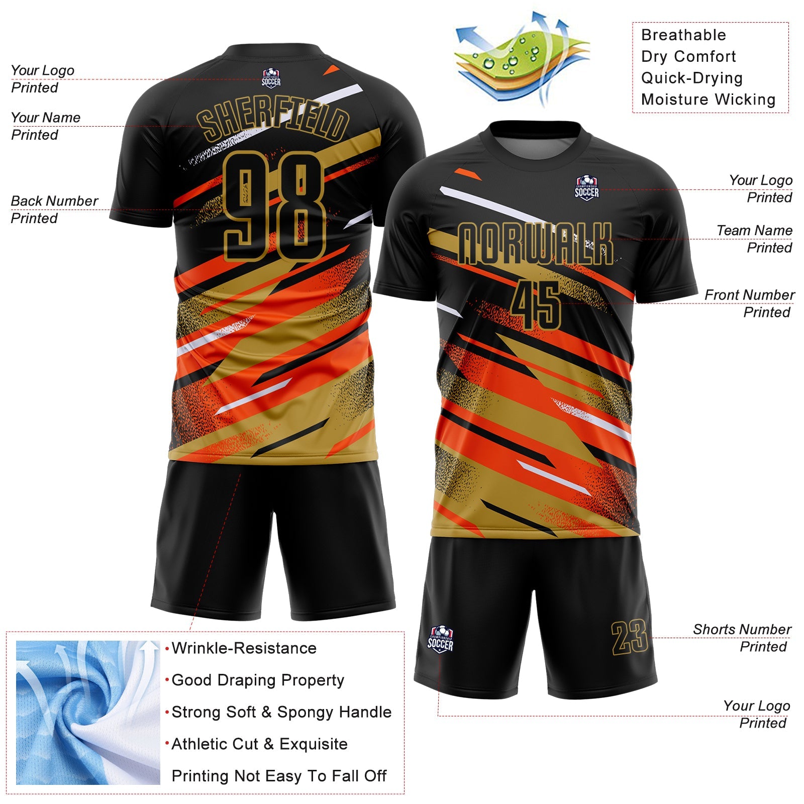 Custom Black Orange Old Gold-White Grunge Stripe And Grainy Sports Sublimation Soccer Uniform Jersey view 4