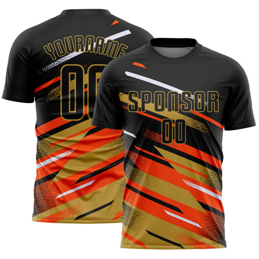 Custom Black Orange Old Gold-White Grunge Stripe And Grainy Sports Sublimation Soccer Uniform Jersey - Main View