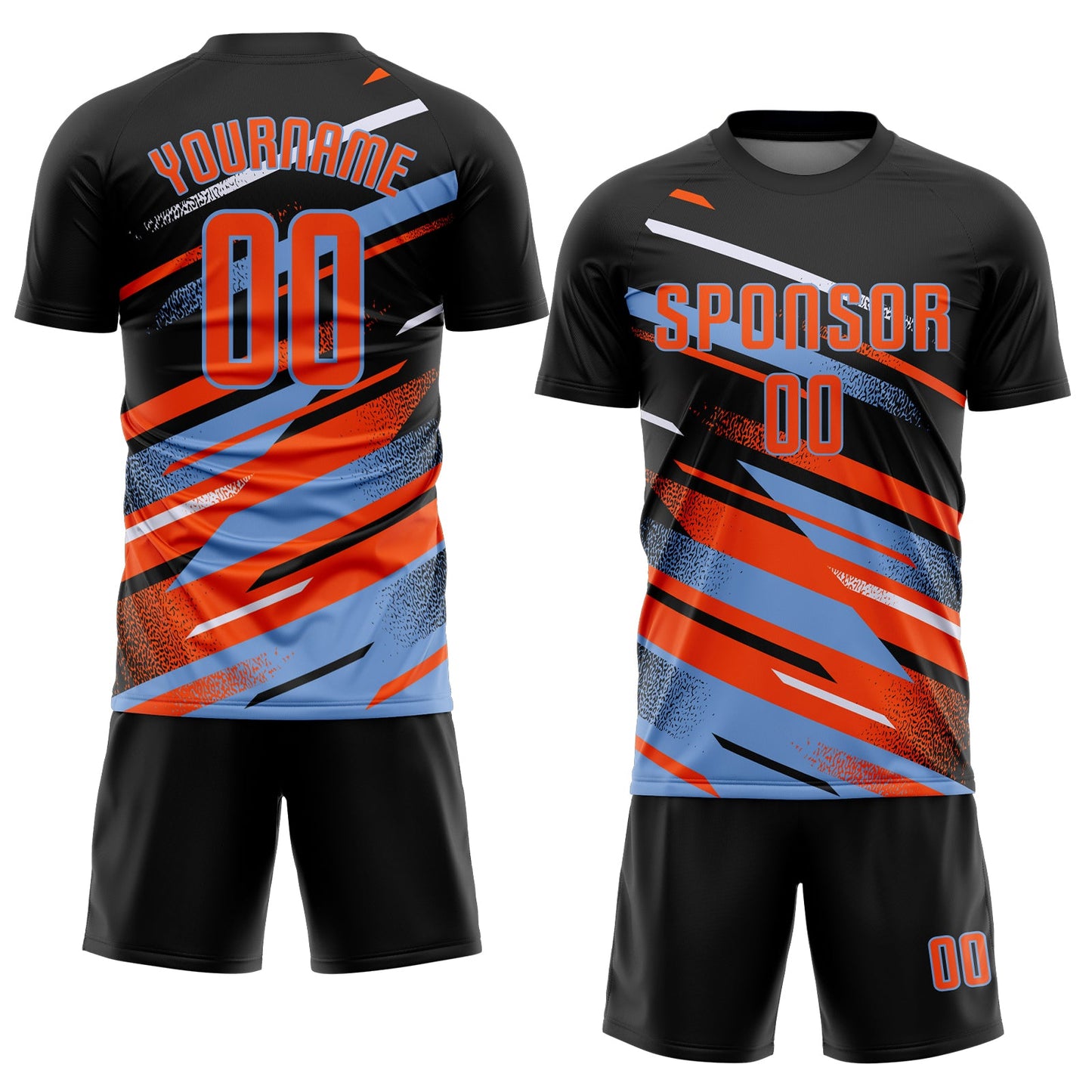 Custom Black Orange Powder Blue-White Grunge Stripe And Grainy Sports Sublimation Soccer Uniform Jersey view 2