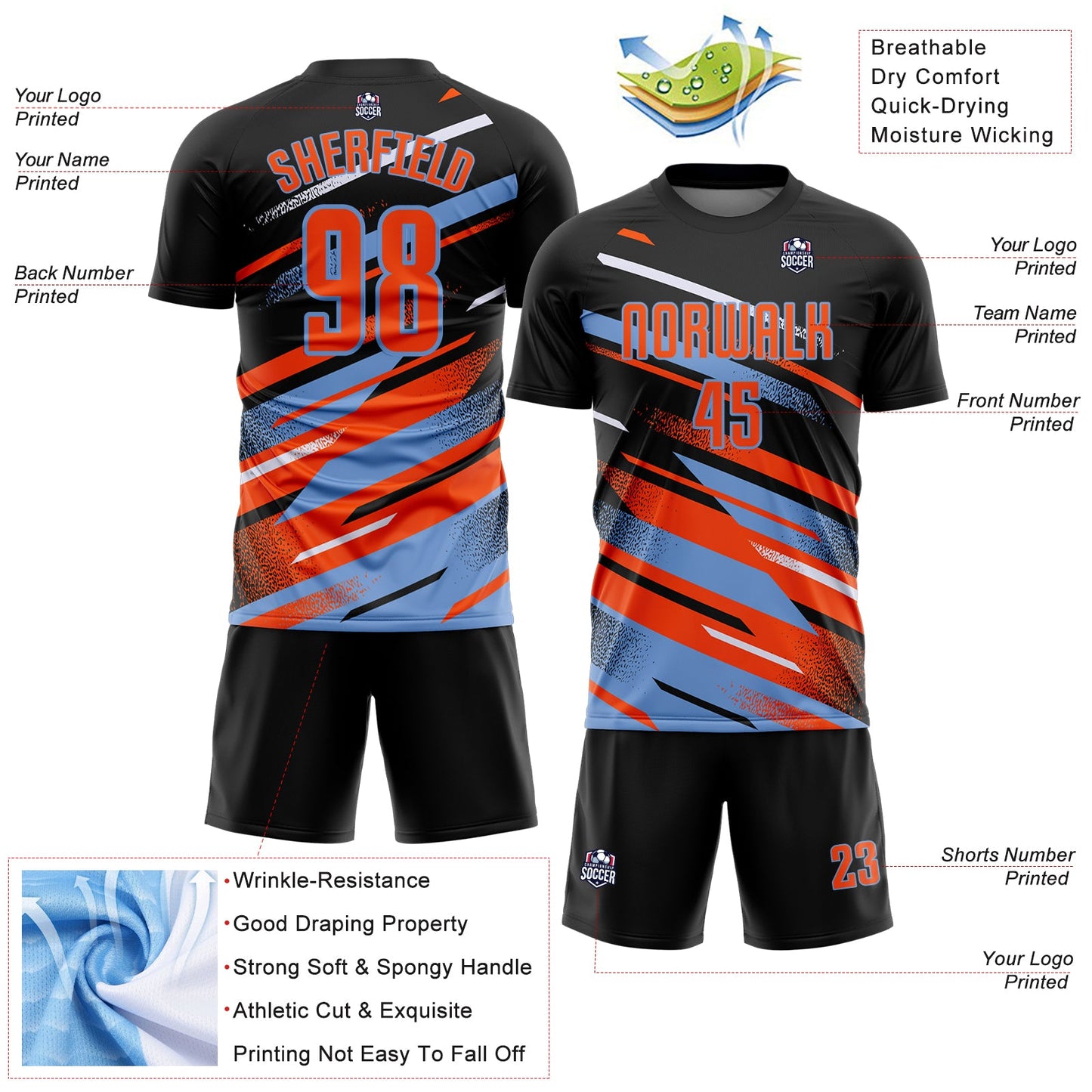 Custom Black Orange Powder Blue-White Grunge Stripe And Grainy Sports Sublimation Soccer Uniform Jersey view 4