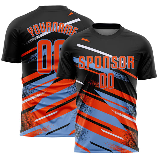 Custom Black Orange Powder Blue-White Grunge Stripe And Grainy Sports Sublimation Soccer Uniform Jersey - Main View