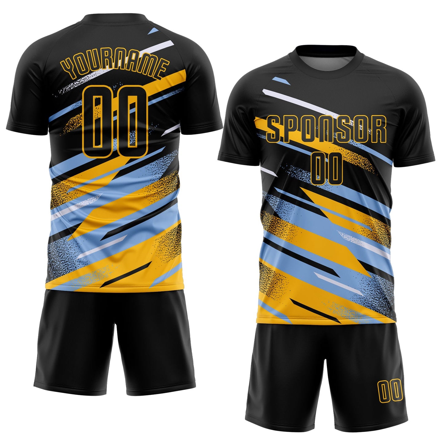 Custom Black Light Blue Gold-White Grunge Stripe And Grainy Sports Sublimation Soccer Uniform Jersey view 2