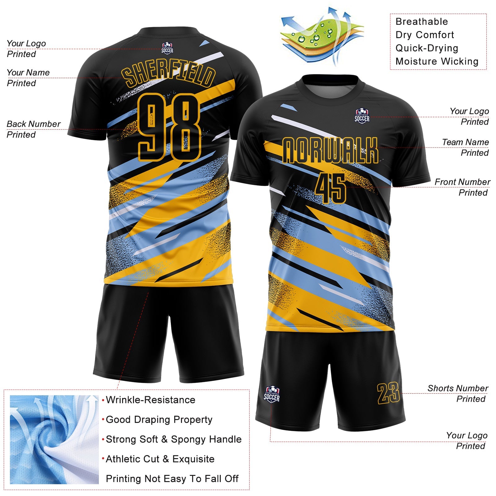 Custom Black Light Blue Gold-White Grunge Stripe And Grainy Sports Sublimation Soccer Uniform Jersey view 4