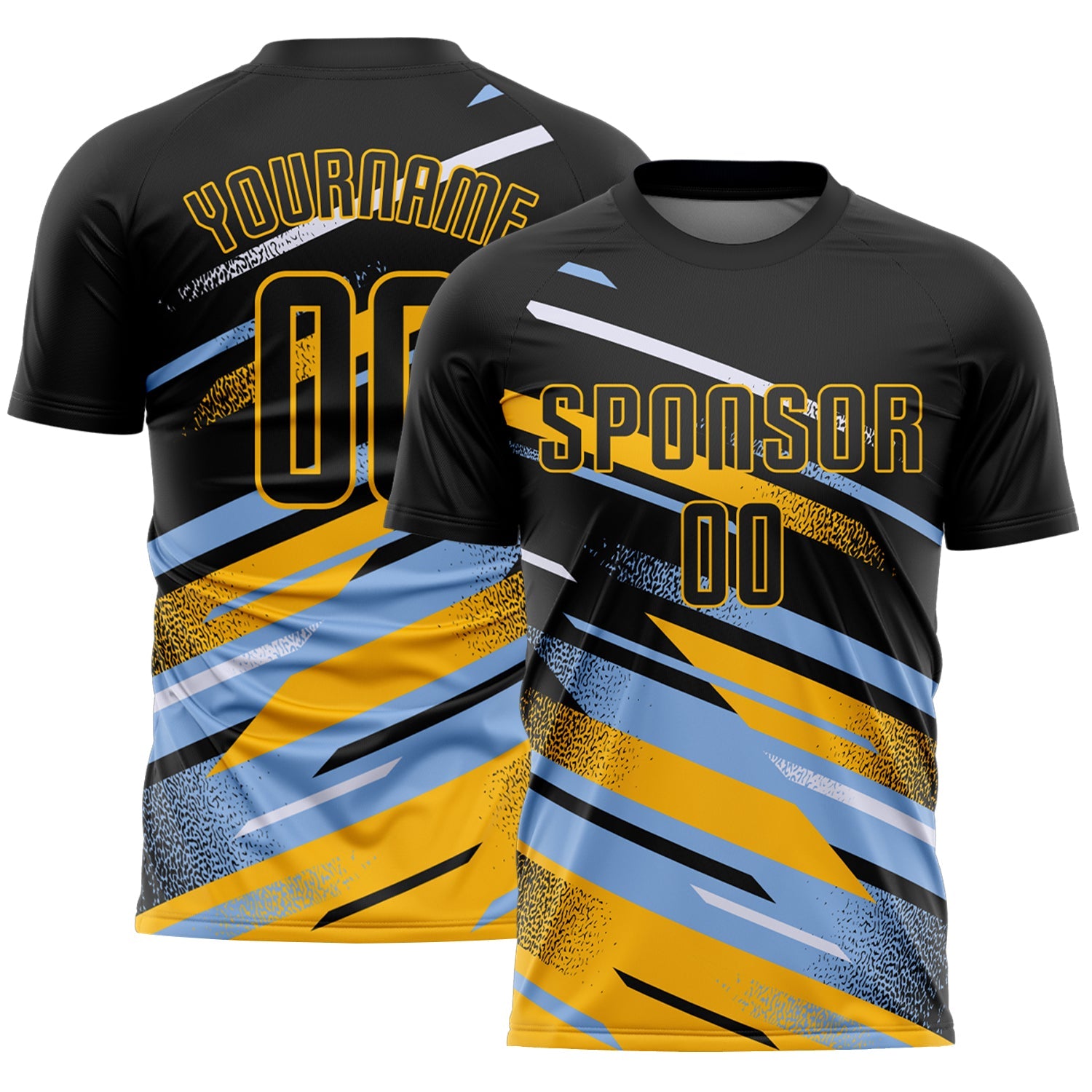 Custom Black Light Blue Gold-White Grunge Stripe And Grainy Sports Sublimation Soccer Uniform Jersey - Main View