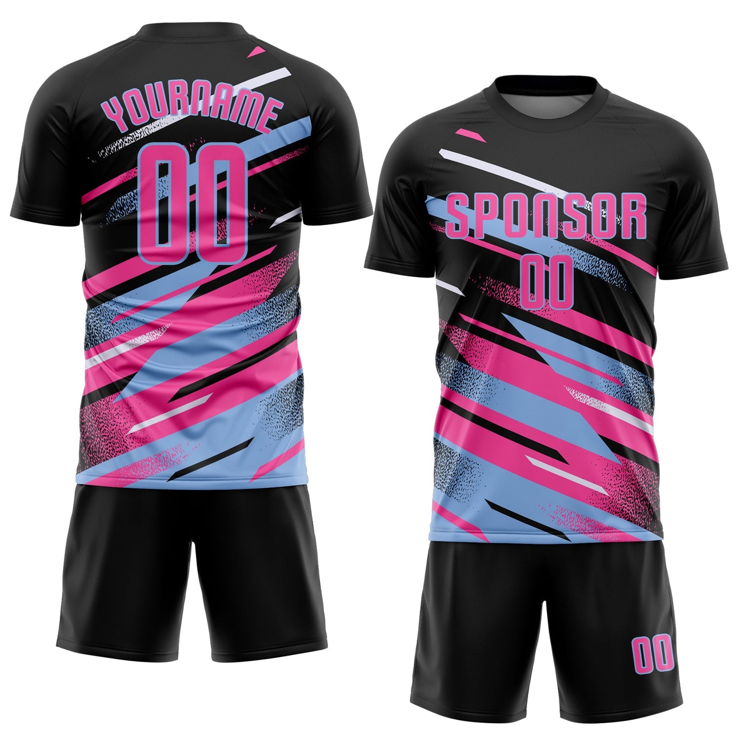 Custom Black Pink Light Blue-White Grunge Stripe And Grainy Sports Sublimation Soccer Uniform Jersey view 2