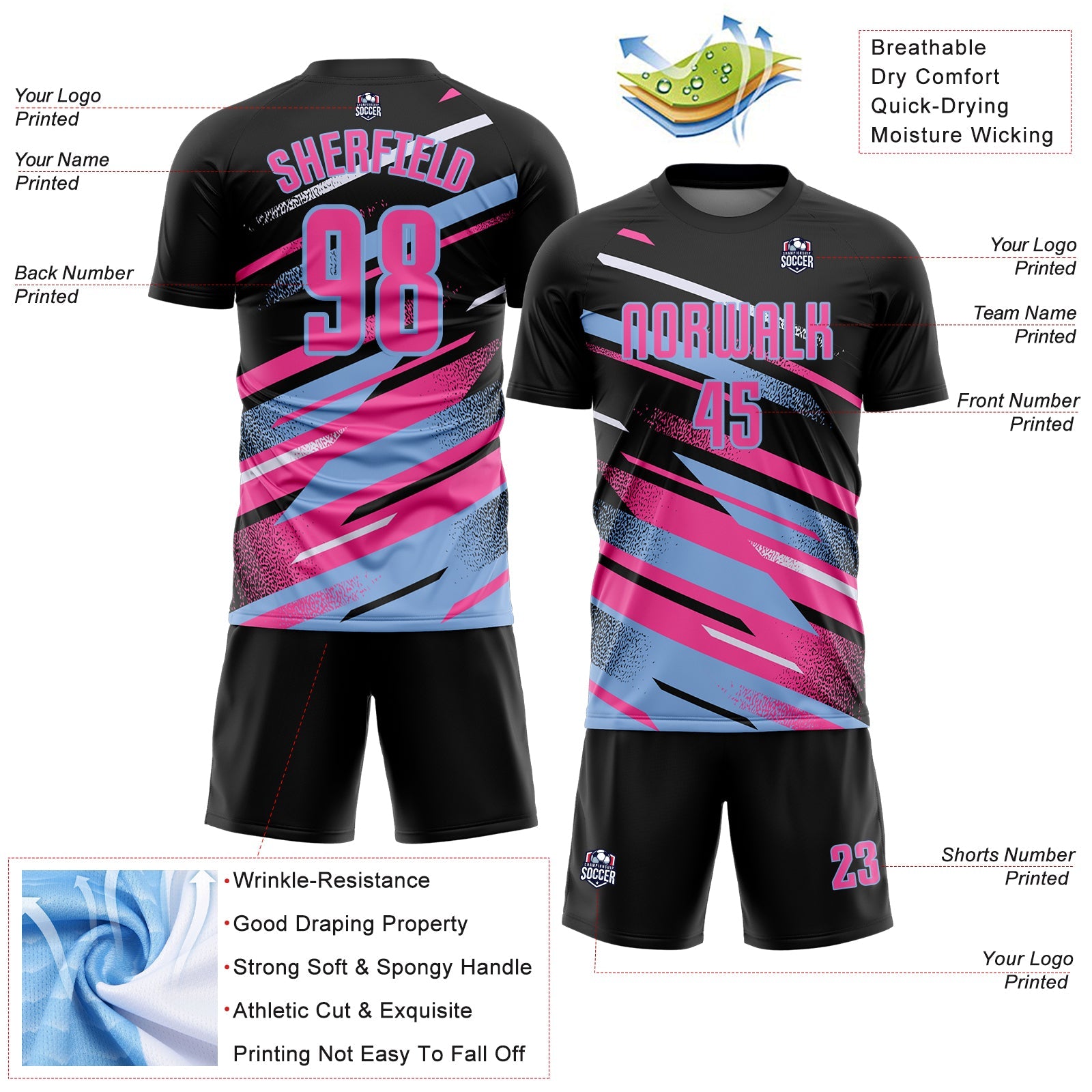 Custom Black Pink Light Blue-White Grunge Stripe And Grainy Sports Sublimation Soccer Uniform Jersey view 4