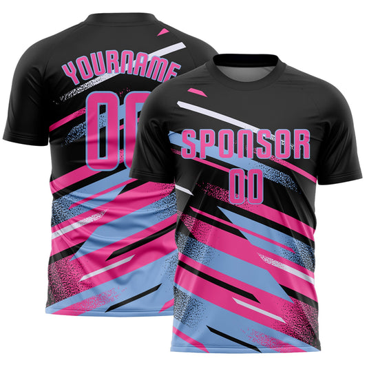 Custom Black Pink Light Blue-White Grunge Stripe And Grainy Sports Sublimation Soccer Uniform Jersey - Main View