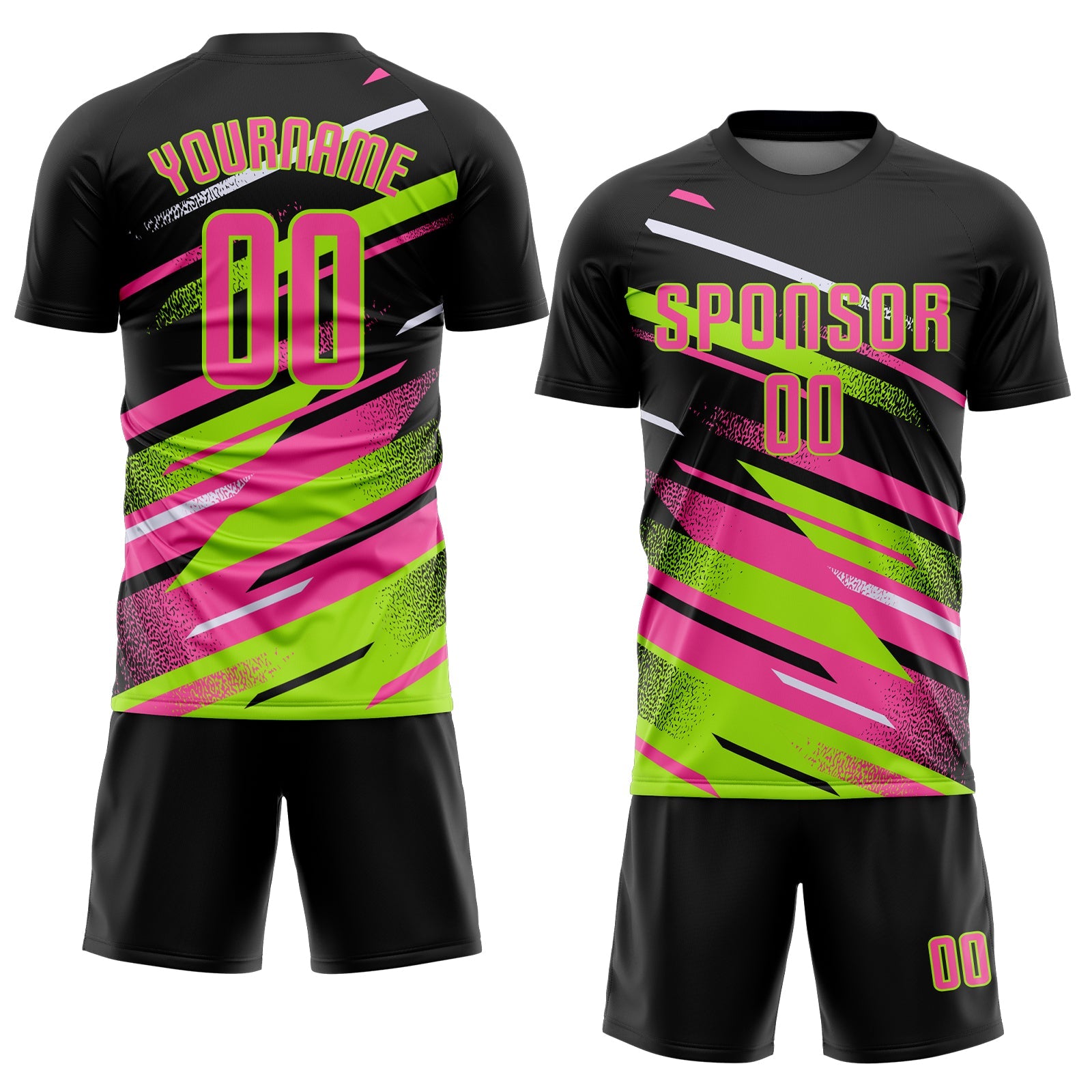 Custom Black Pink Neon Green-White Grunge Stripe And Grainy Sports Sublimation Soccer Uniform Jersey view 2