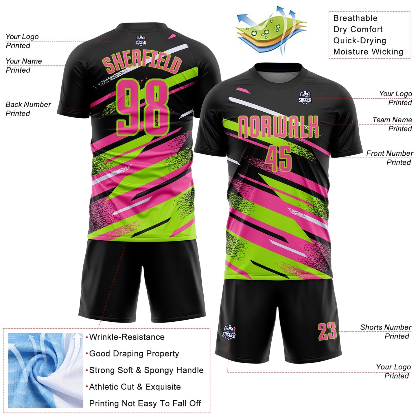 Custom Black Pink Neon Green-White Grunge Stripe And Grainy Sports Sublimation Soccer Uniform Jersey view 4