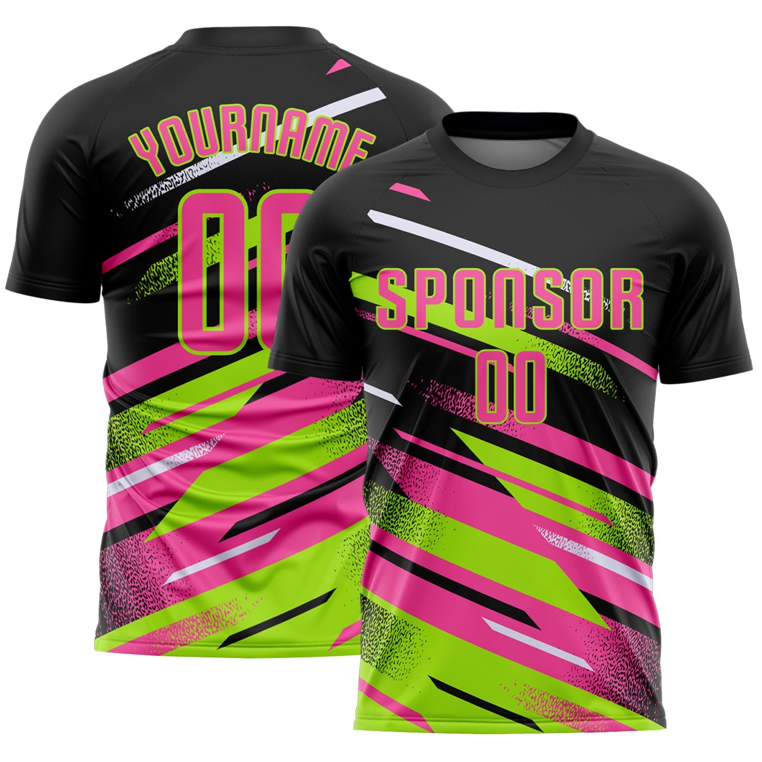 Custom Black Pink Neon Green-White Grunge Stripe And Grainy Sports Sublimation Soccer Uniform Jersey - Main View