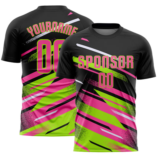 Custom Black Pink Neon Green-White Grunge Stripe And Grainy Sports Sublimation Soccer Uniform Jersey - Main View