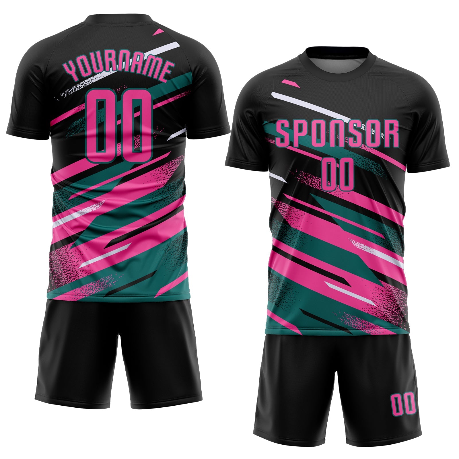 Custom Black Pink Teal-White Grunge Stripe And Grainy Sports Sublimation Soccer Uniform Jersey view 2