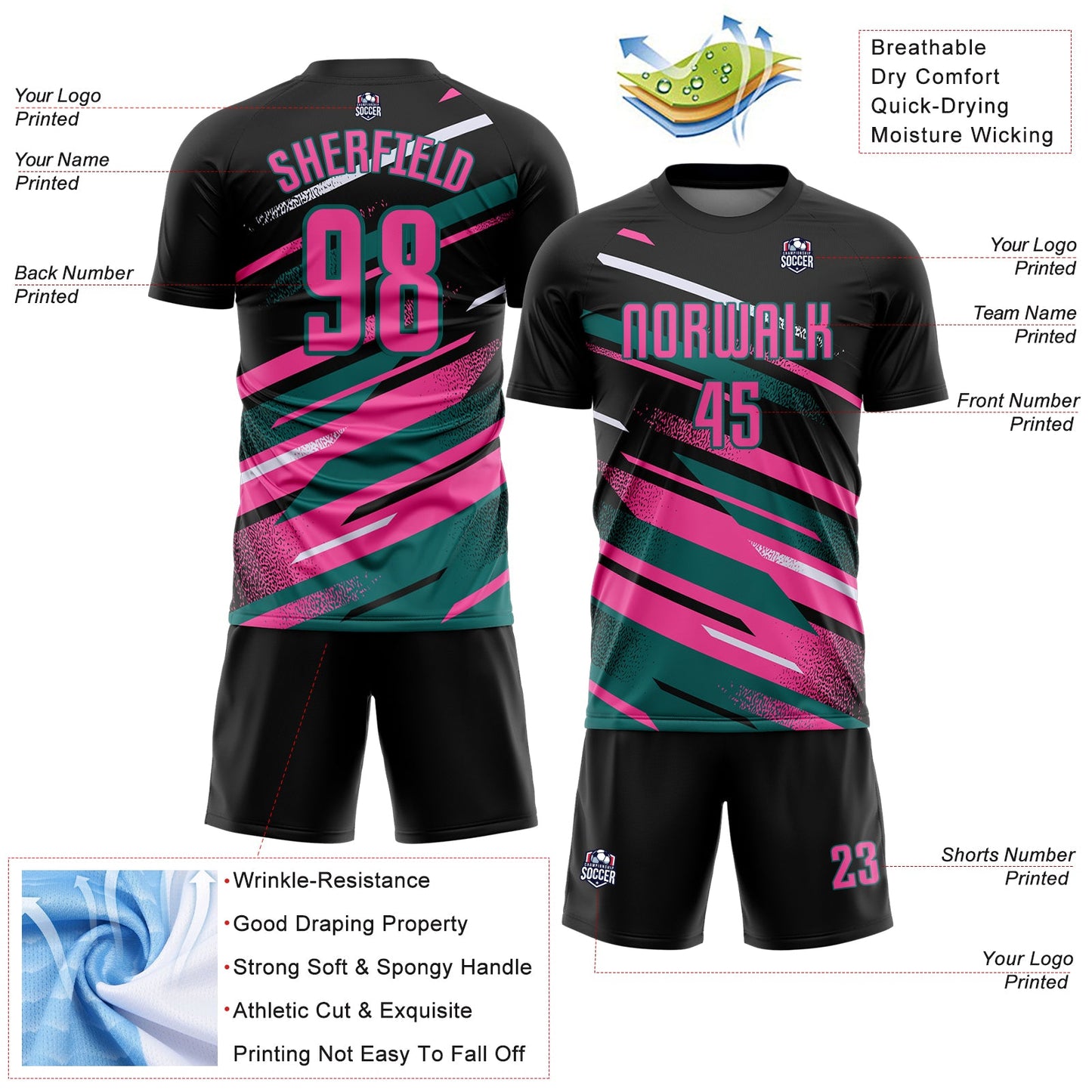 Custom Black Pink Teal-White Grunge Stripe And Grainy Sports Sublimation Soccer Uniform Jersey view 4