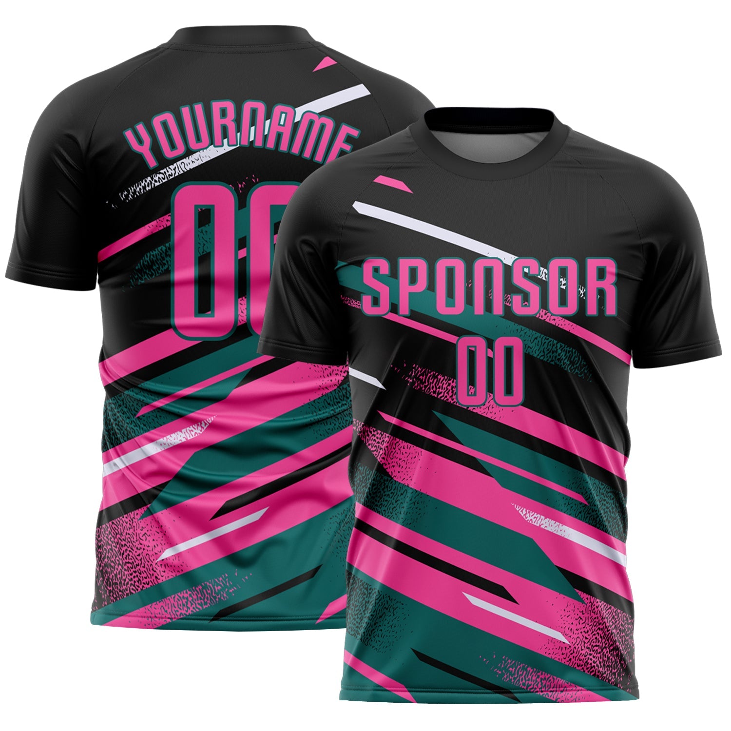 Custom Black Pink Teal-White Grunge Stripe And Grainy Sports Sublimation Soccer Uniform Jersey - Main View