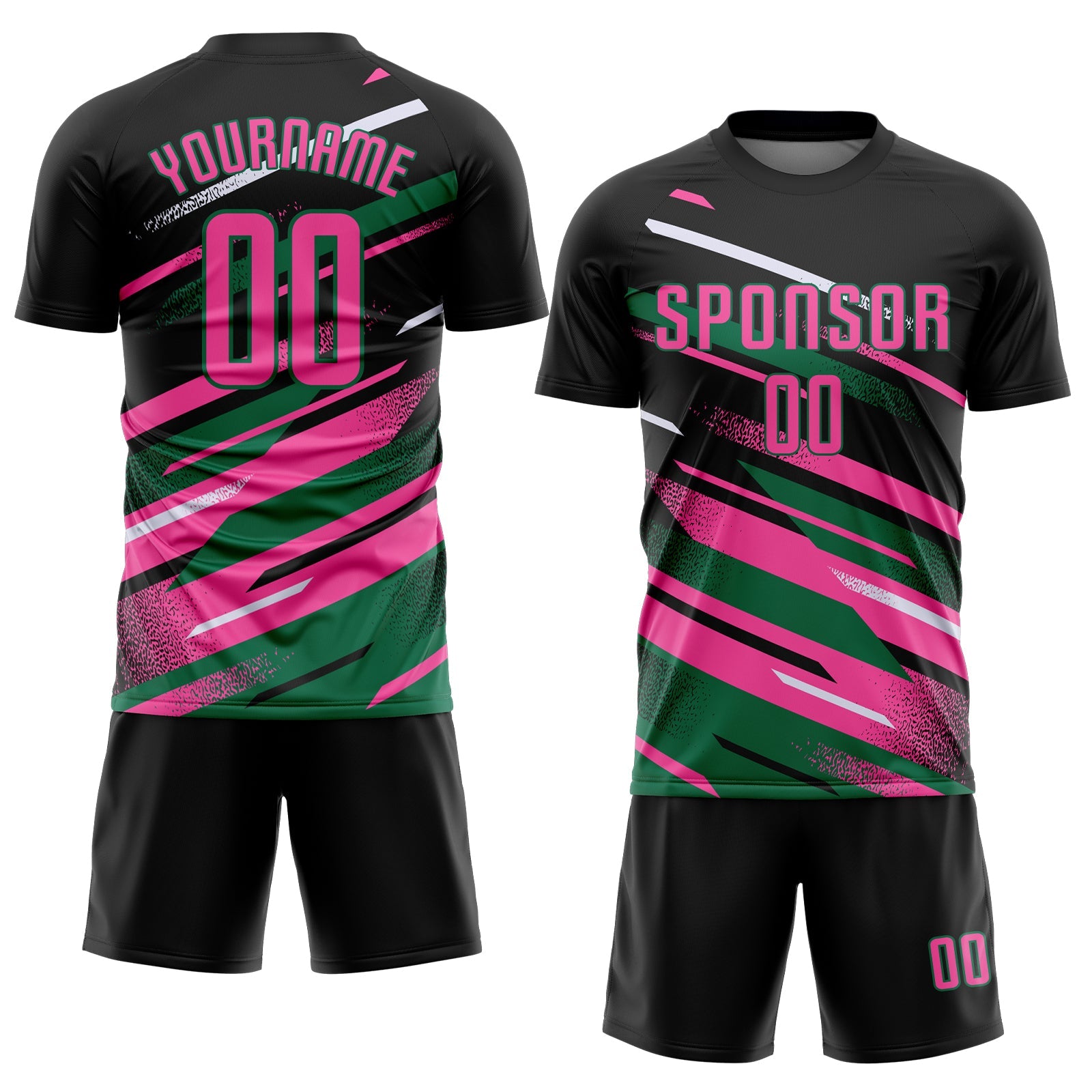 Custom Black Pink Kelly Green-White Grunge Stripe And Grainy Sports Sublimation Soccer Uniform Jersey view 2