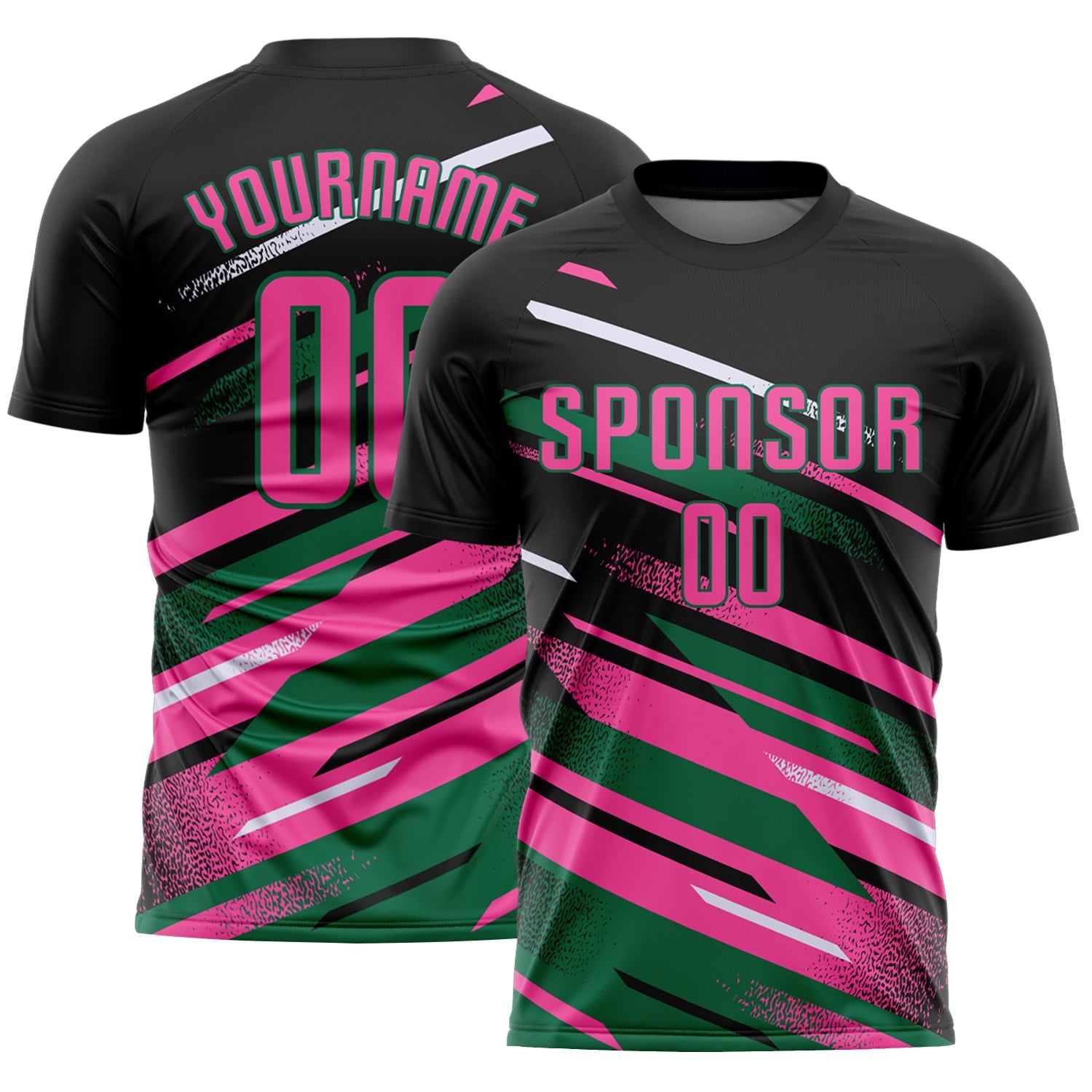 Custom Black Pink Kelly Green-White Grunge Stripe And Grainy Sports Sublimation Soccer Uniform Jersey - Main View