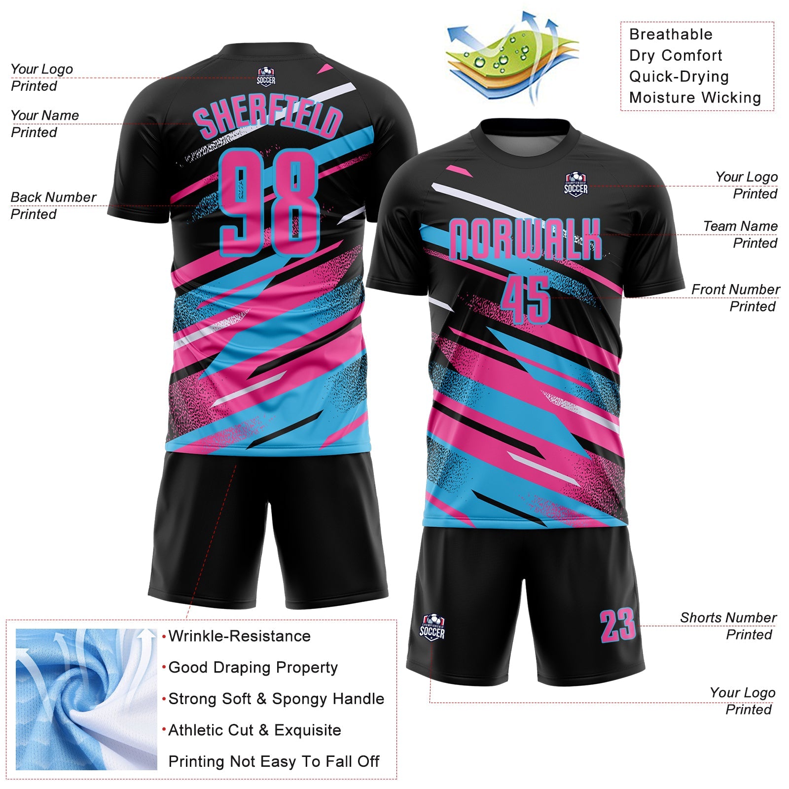 Custom Black Pink Sky Blue-White Grunge Stripe And Grainy Sports Sublimation Soccer Uniform Jersey view 4