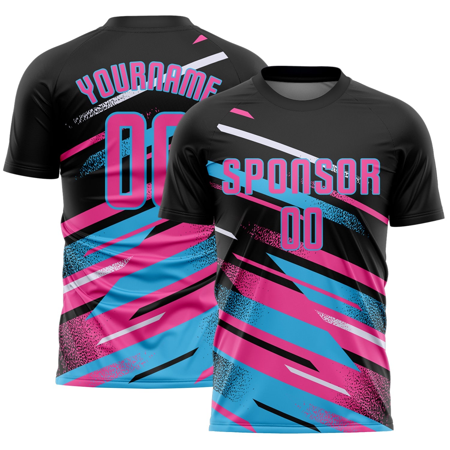 Custom Black Pink Sky Blue-White Grunge Stripe And Grainy Sports Sublimation Soccer Uniform Jersey - Main View