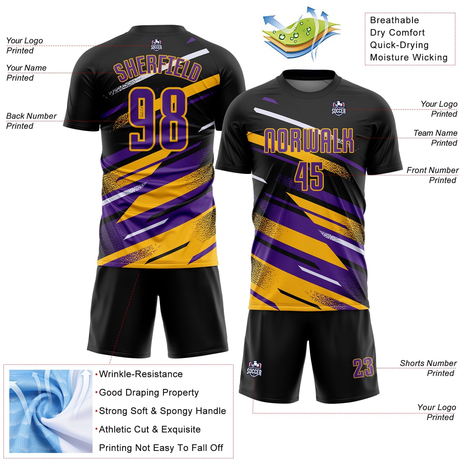 Custom Black Purple Gold-White Grunge Stripe And Grainy Sports Sublimation Soccer Uniform Jersey view 4