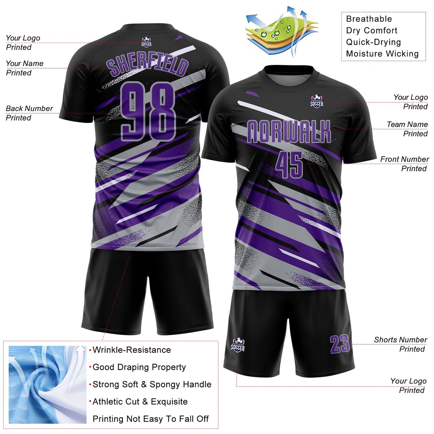 Custom Black Purple Gray-White Grunge Stripe And Grainy Sports Sublimation Soccer Uniform Jersey view 4