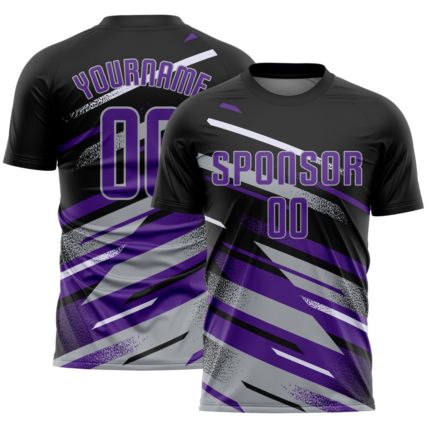 Custom Black Purple Gray-White Grunge Stripe And Grainy Sports Sublimation Soccer Uniform Jersey - Main View