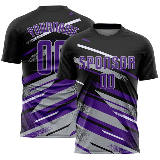 Custom Black Purple Gray-White Grunge Stripe And Grainy Sports Sublimation Soccer Uniform Jersey - Main View