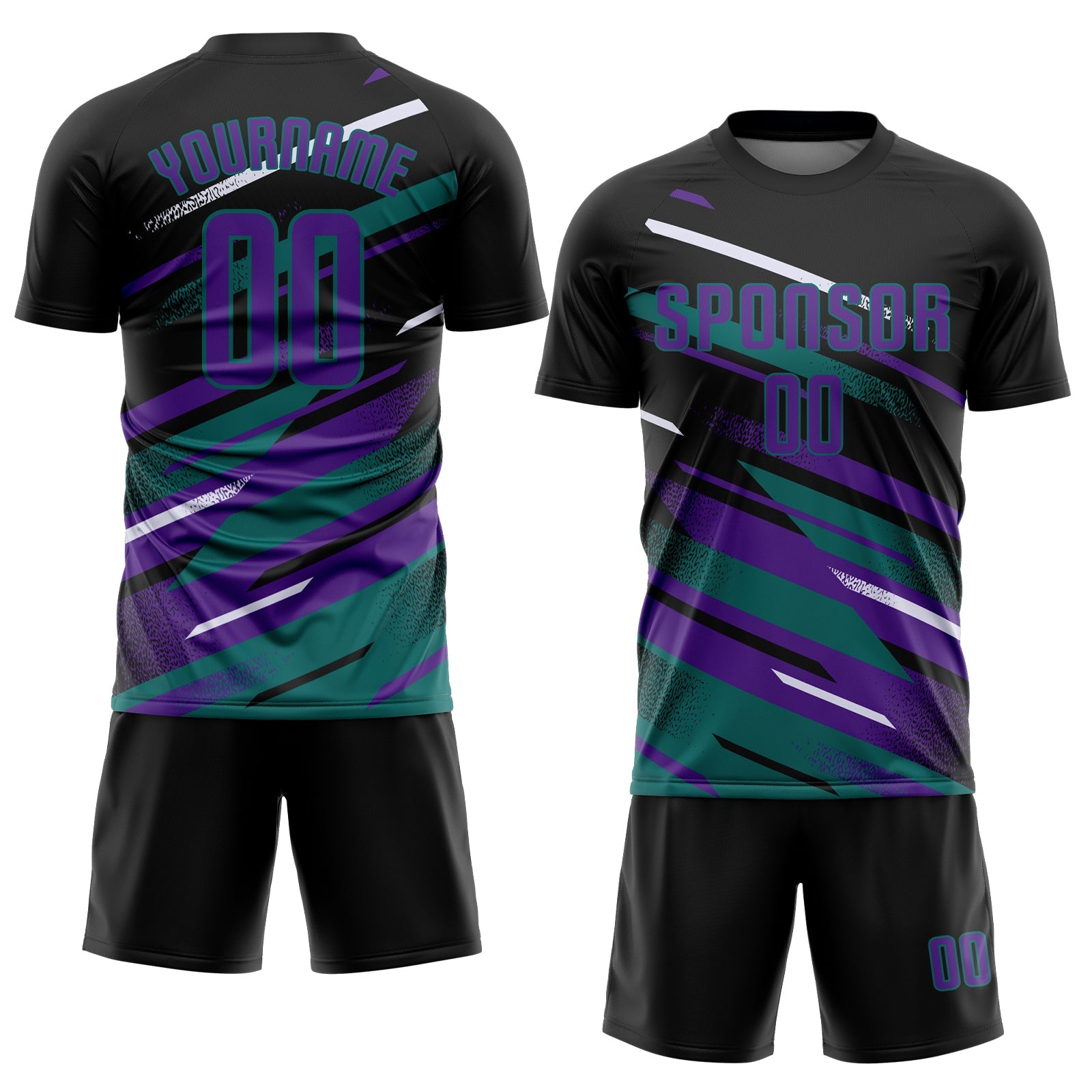 Custom Black Purple Teal-White Grunge Stripe And Grainy Sports Sublimation Soccer Uniform Jersey view 2