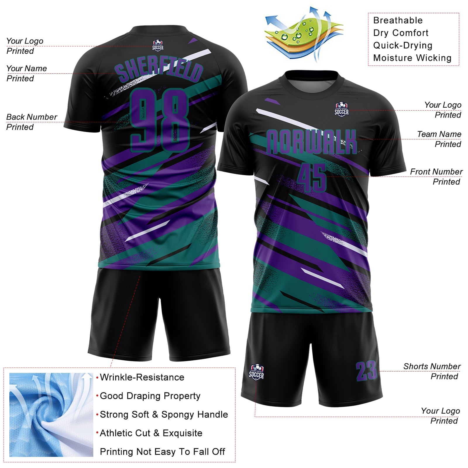 Custom Black Purple Teal-White Grunge Stripe And Grainy Sports Sublimation Soccer Uniform Jersey view 4