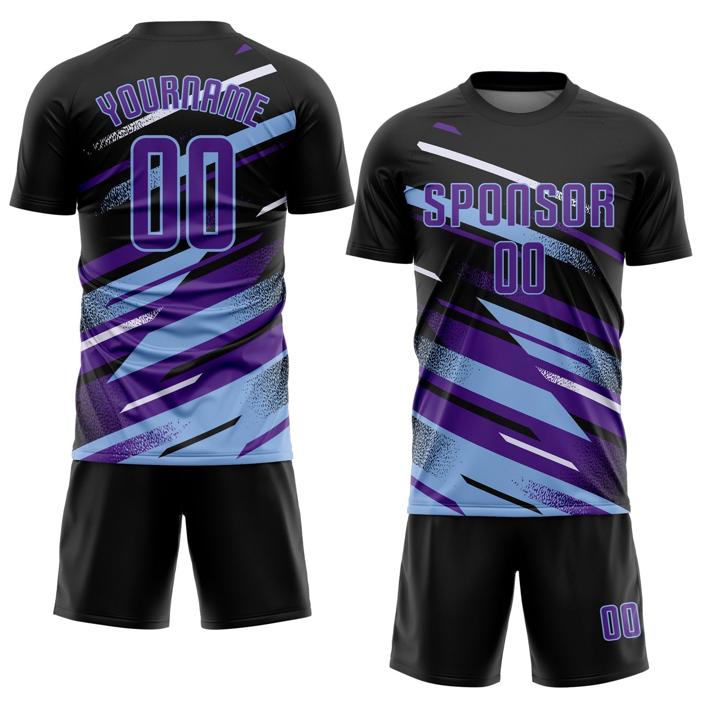 Custom Black Purple Light Blue-White Grunge Stripe And Grainy Sports Sublimation Soccer Uniform Jersey view 2