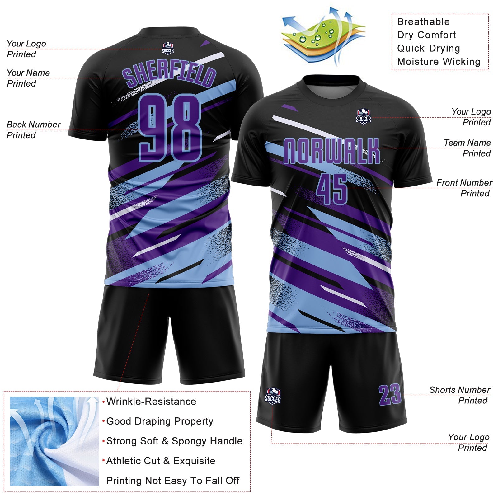 Custom Black Purple Light Blue-White Grunge Stripe And Grainy Sports Sublimation Soccer Uniform Jersey view 4