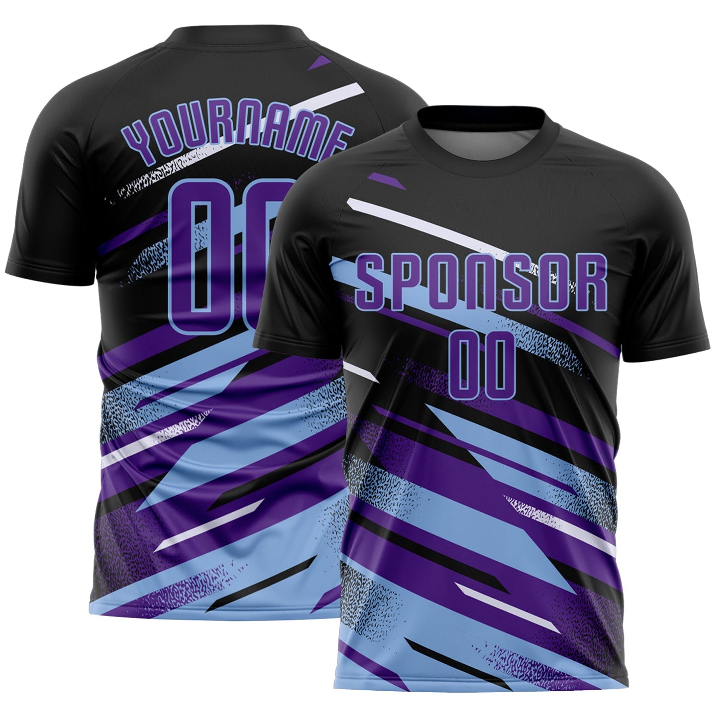 Custom Black Purple Light Blue-White Grunge Stripe And Grainy Sports Sublimation Soccer Uniform Jersey - Main View