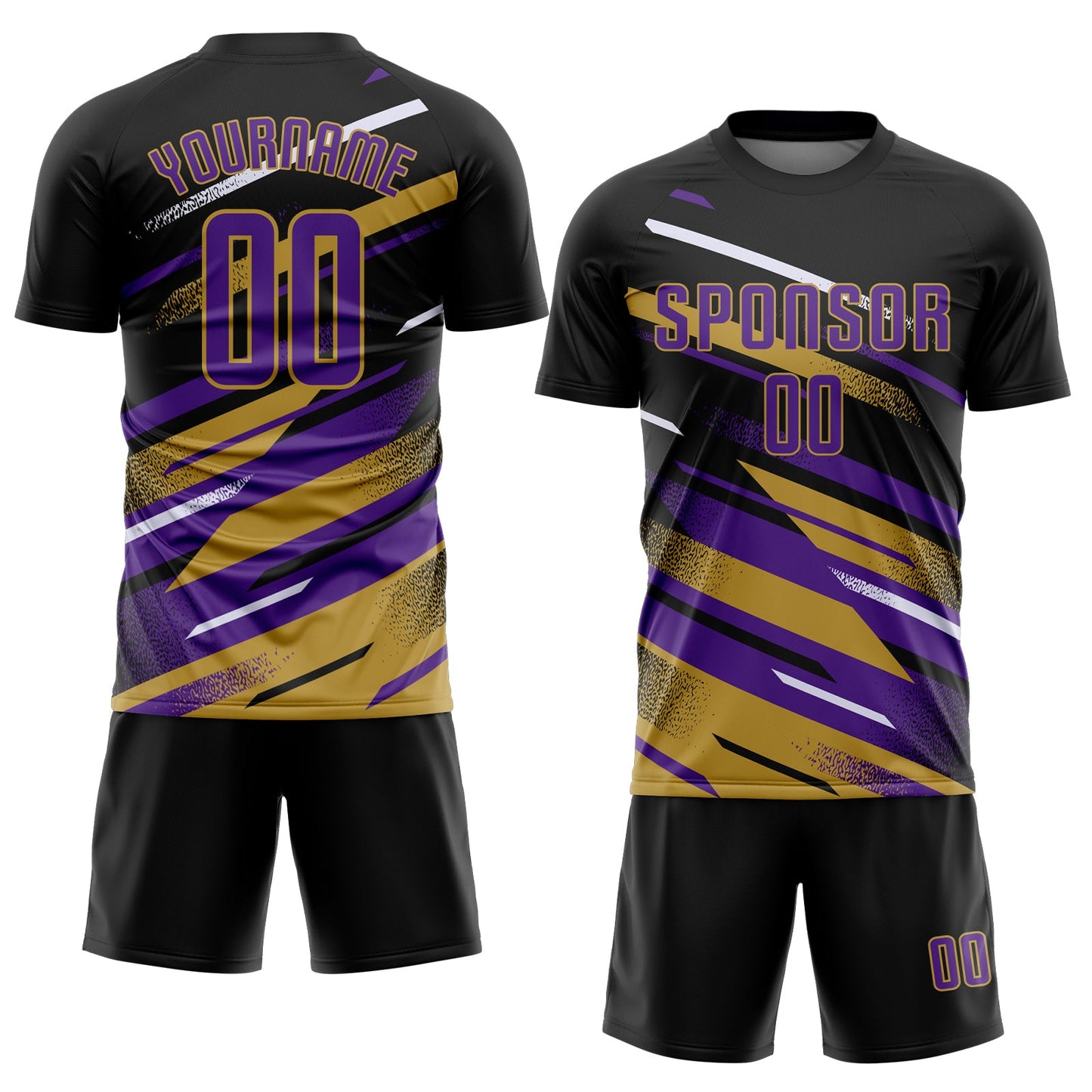 Custom Black Purple Old Gold-White Grunge Stripe And Grainy Sports Sublimation Soccer Uniform Jersey view 2