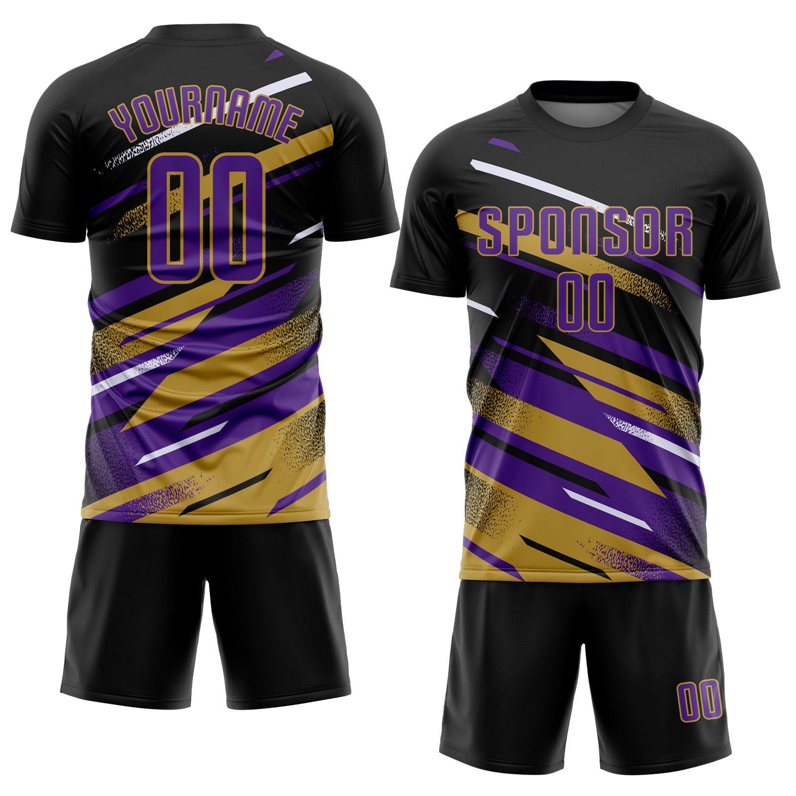 Custom Black Purple Old Gold-White Grunge Stripe And Grainy Sports Sublimation Soccer Uniform Jersey view 2