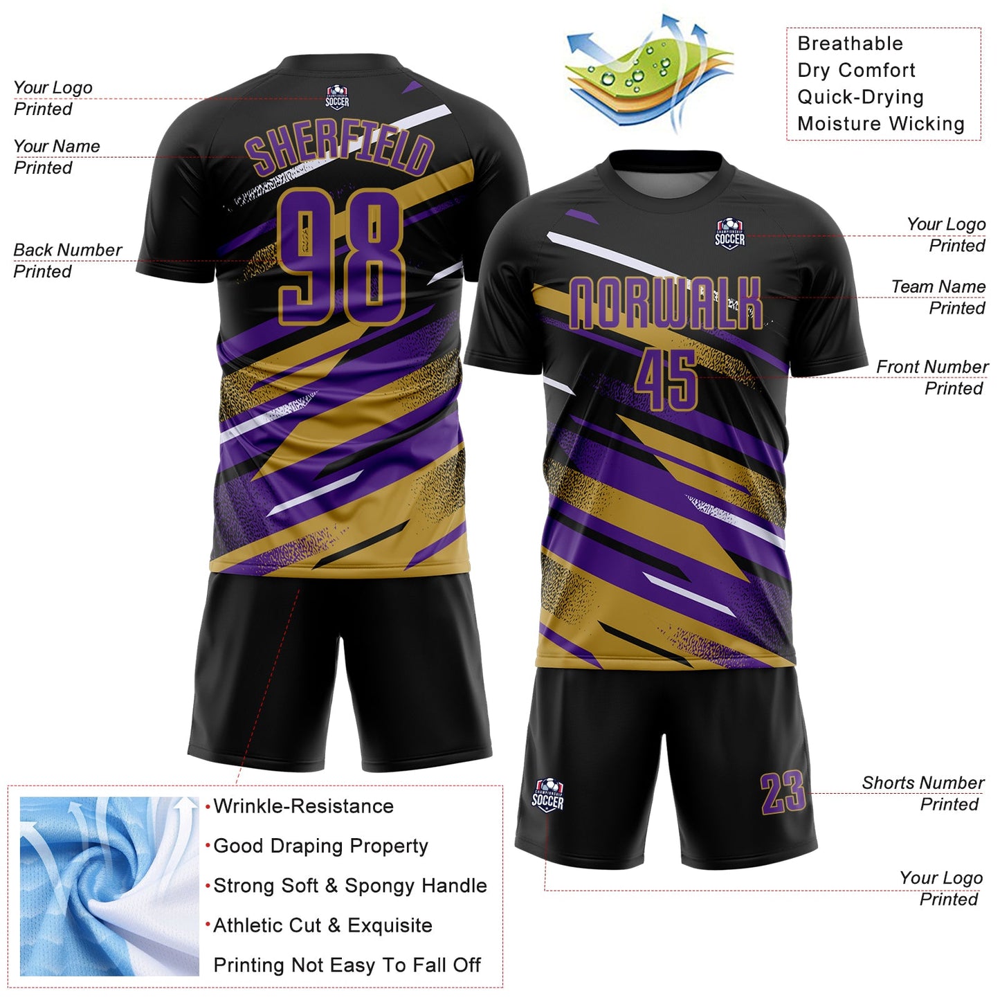 Custom Black Purple Old Gold-White Grunge Stripe And Grainy Sports Sublimation Soccer Uniform Jersey view 4