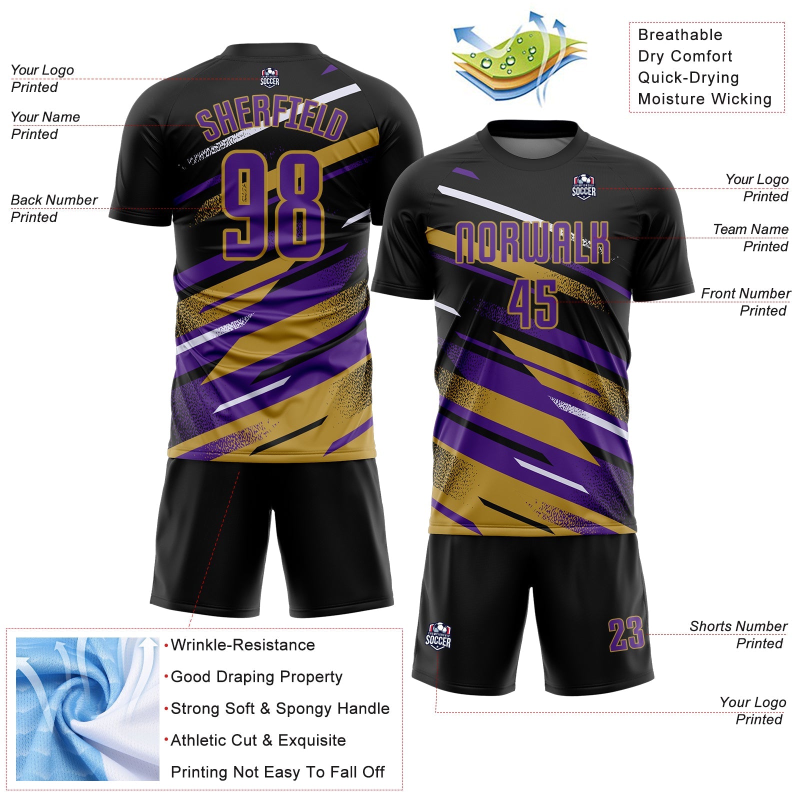 Custom Black Purple Old Gold-White Grunge Stripe And Grainy Sports Sublimation Soccer Uniform Jersey view 4