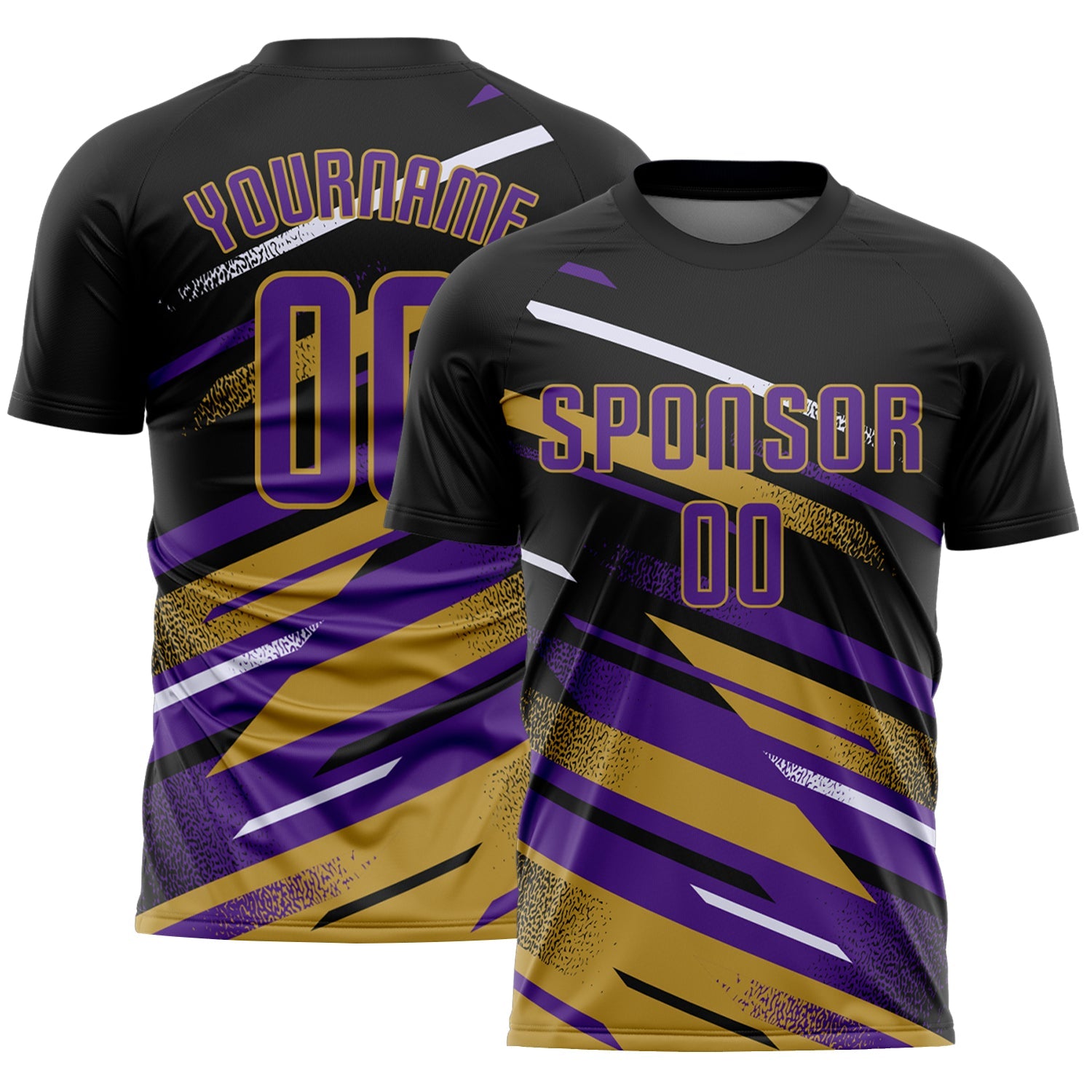 Custom Black Purple Old Gold-White Grunge Stripe And Grainy Sports Sublimation Soccer Uniform Jersey - Main View
