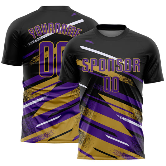 Custom Black Purple Old Gold-White Grunge Stripe And Grainy Sports Sublimation Soccer Uniform Jersey - Main View