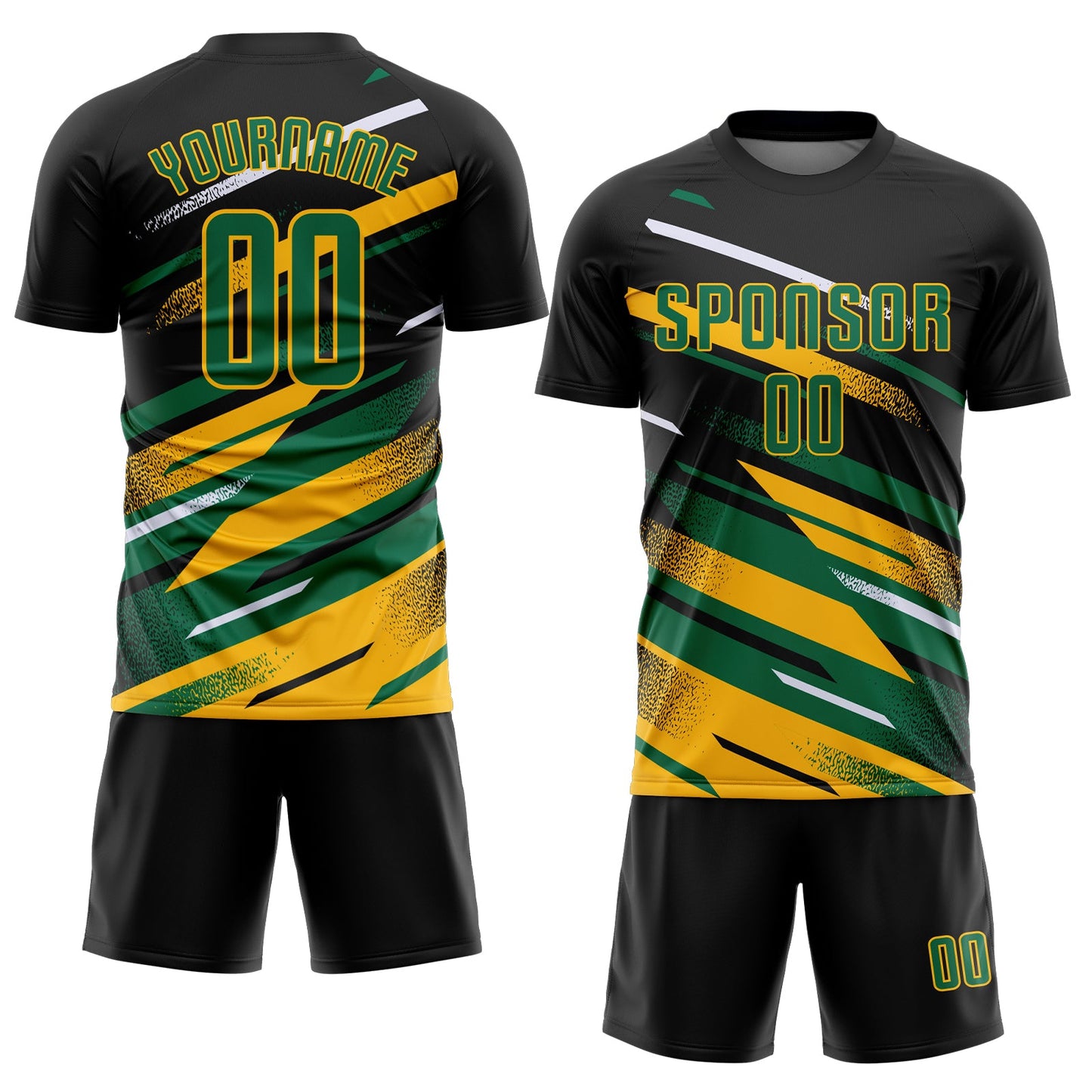 Custom Black Kelly Green Gold-White Grunge Stripe And Grainy Sports Sublimation Soccer Uniform Jersey view 2