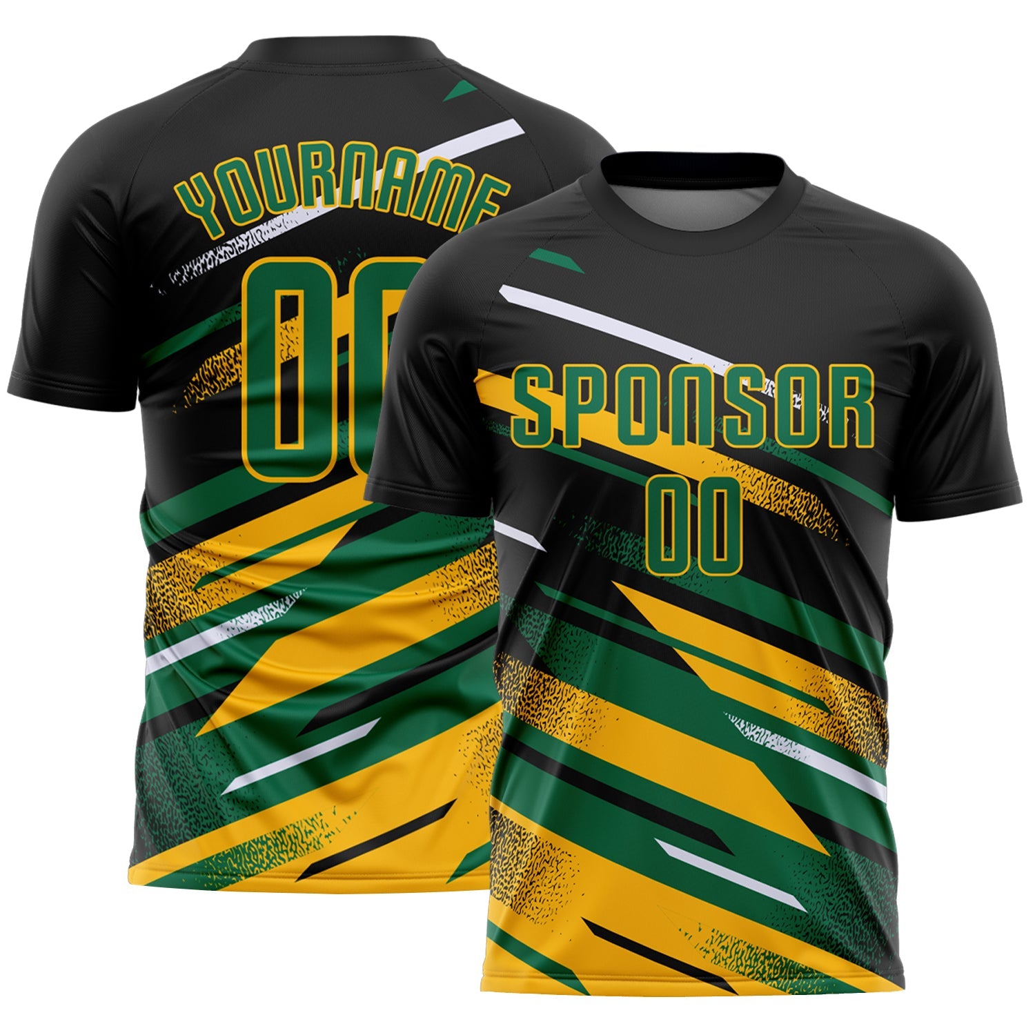 Custom Black Kelly Green Gold-White Grunge Stripe And Grainy Sports Sublimation Soccer Uniform Jersey - Main View