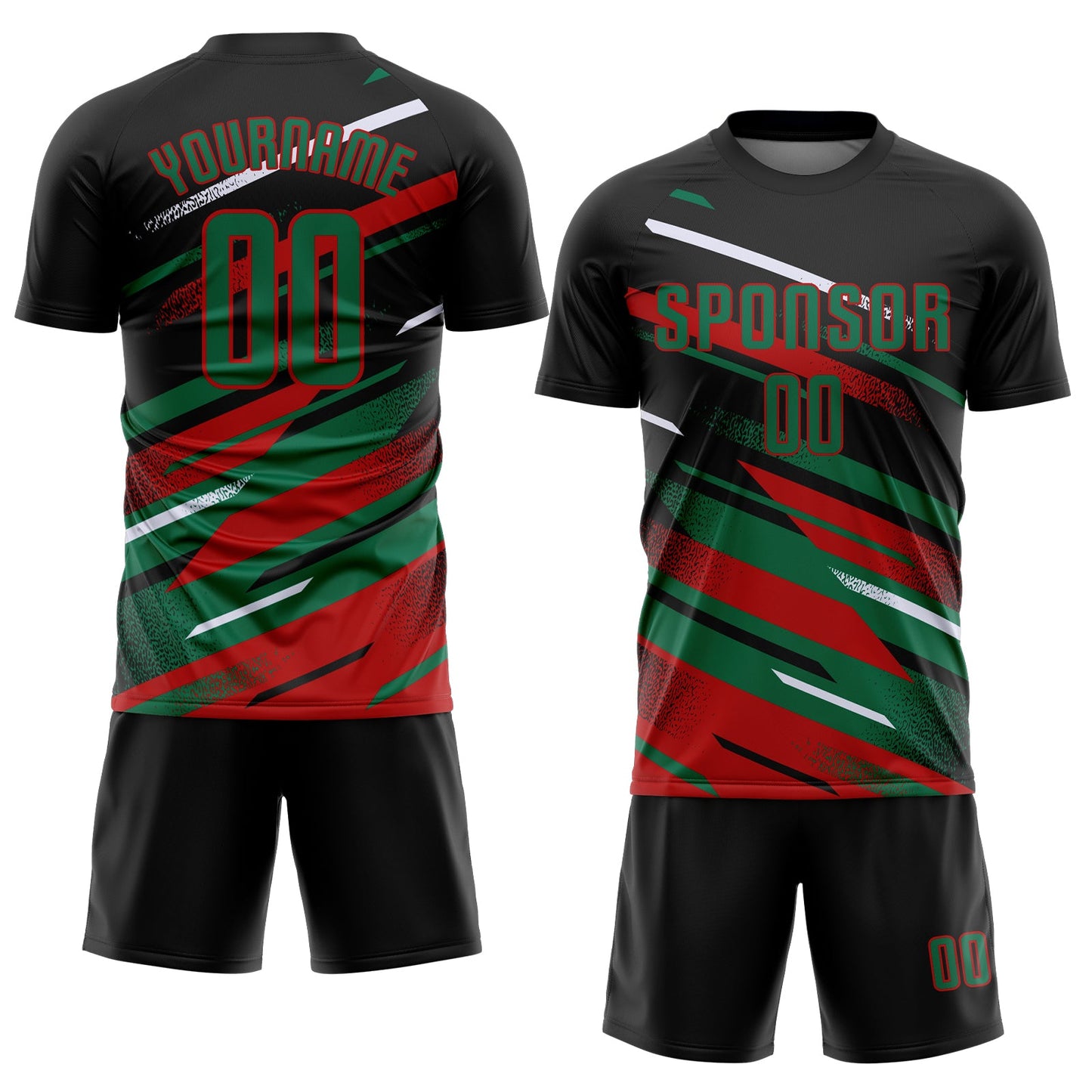 Custom Black Kelly Green Red-White Grunge Stripe And Grainy Sports Sublimation Soccer Uniform Jersey view 2