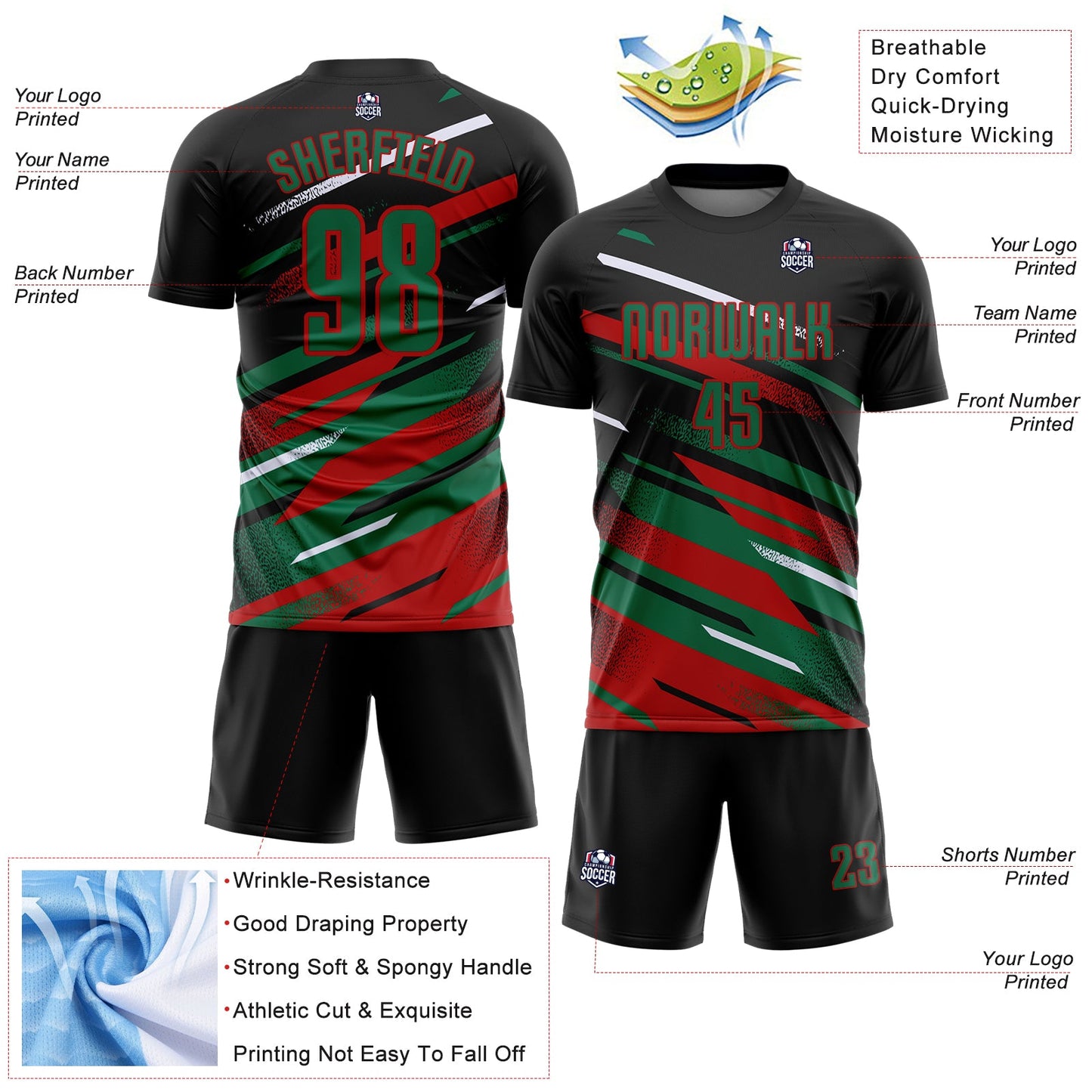 Custom Black Kelly Green Red-White Grunge Stripe And Grainy Sports Sublimation Soccer Uniform Jersey view 4