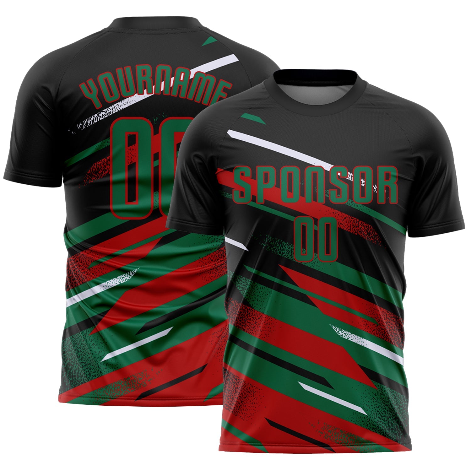 Custom Black Kelly Green Red-White Grunge Stripe And Grainy Sports Sublimation Soccer Uniform Jersey - Main View